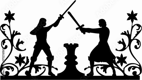 Silhouette of two figures dueling with swords above a chess piece surrounded by floral elements | editable eps vectors