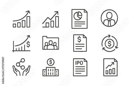 Investor Relations Icons. Line style icons of investor relations: capital growth, stock increase, quarterly report, investor