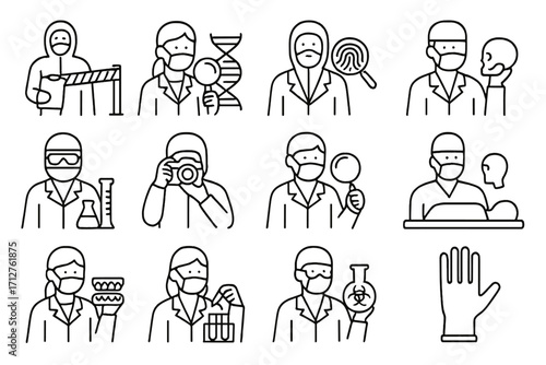 Forensic Investigator Icons. Line style icons of forensic investigators: crime scene technician, DNA analyst, fingerprint expert,
