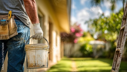Fototapeta Naklejka Na Ścianę i Meble -  Close-up of man holding paint bucket on lawn with ladder, house, and sunlight, featuring home decor tools