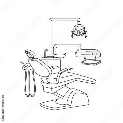 Dental clinic chair with equipment in minimalist line art style  