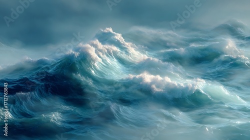 Dynamic deep blue ocean waves surge and break creating dramatic white foam and spray under a moody atmospheric sky symbolizing nature s immense power and wildness