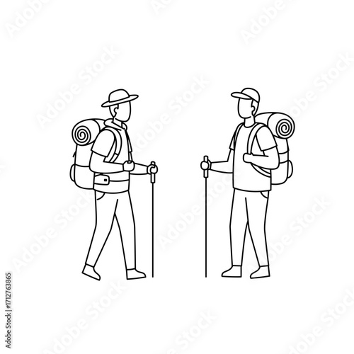 Two hikers walking with backpacks and trekking poles in nature  