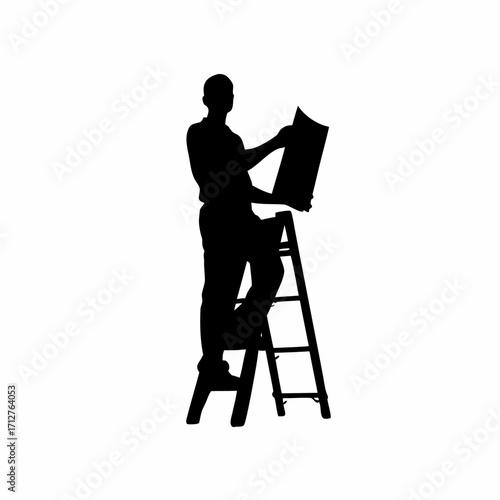 Silhouette of roofer on ladder with plan isolated on white background
