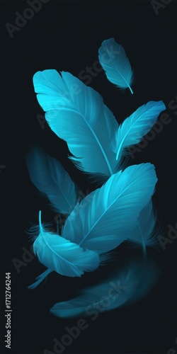 Floating, luminous azure feathers create a captivating visual display against a deep black background.