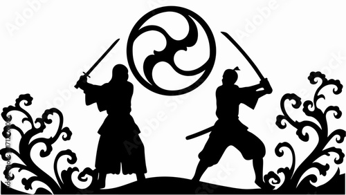 Silhouette of two samurai warriors with swords facing each other under a tomoe symbol and floral design | editable eps vectors