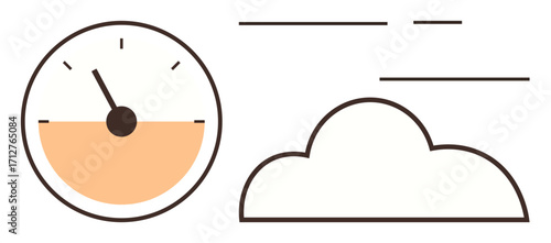Analog fuel gauge with orange level indicator next to a simple cloud. Ideal for energy, technology, data storage, digital networks, cloud computing, environment, simple flat metaphor