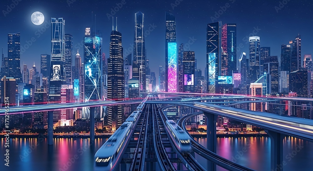 Obraz premium Expansive Futuristic City with Elevated Transit Systems and Water Reflections Keywords: futuristic city, cityscape, night, neon lights, skyscrapers, urban, transportation, technology, modern