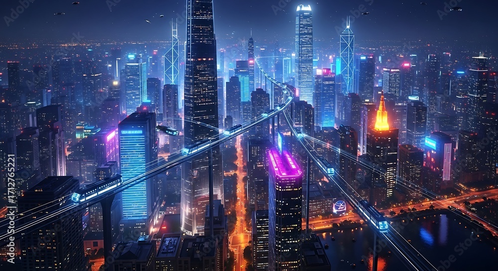 Fototapeta premium Expansive futuristic city at night with elevated trains and glowing skyscrapers cityscape skyline