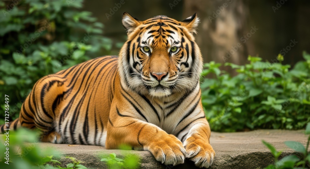 Fototapeta premium Majestic Bengal Tiger Resting in a Lush Green Forest Habitat