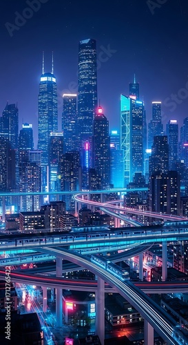 Futuristic Cityscape at Night with Neon Lights and Elevated Highways urban