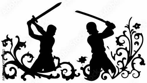 Two silhouetted figures with swords engaged in combat amidst ornate floral decorations and flourishes | editable eps vectors