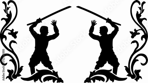 Two mirrored figures wielding swords with decorative floral elements on the sides in black and white design | editable eps vectors silhouette