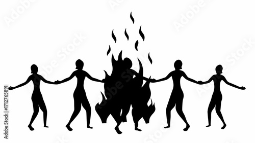 Silhouette of people holding hands in a circle around a fire pit with flames dancing upwards in the air | editable eps vectors
