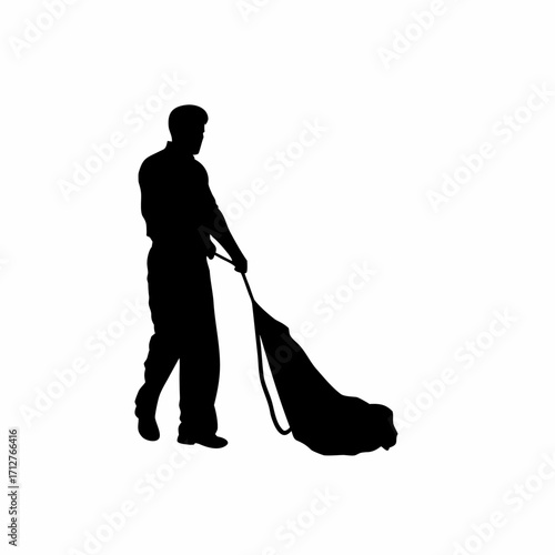 Silhouette of construction worker installing roofing tarp for weather protection isolated on white background