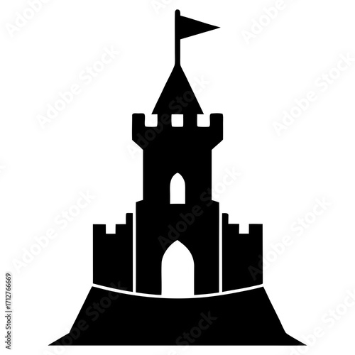 Black castle tower with flag silhouette medieval