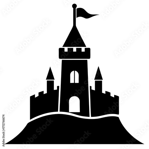 Black castle silhouette with flag on hill tower