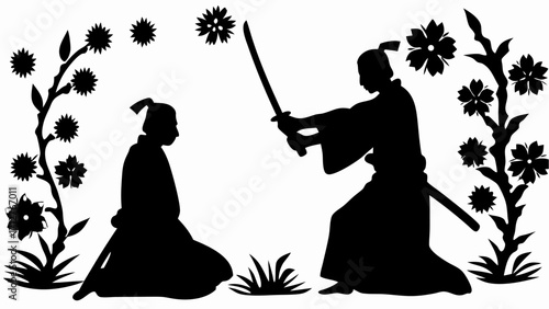 Silhouette of two samurai facing each other with swords and floral decorations around them beautifully | editable eps vectors