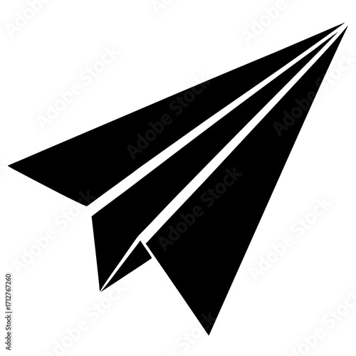Black paper airplane soaring through white space flight