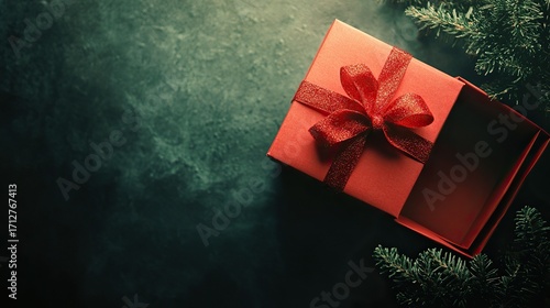 top down gift box, open, empty, red, smokey background, hint of green chistmas tree  png