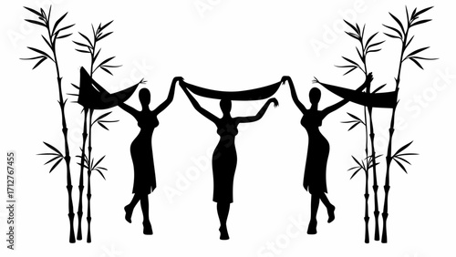 Three elegant women silhouettes holding a cloth between bamboo trees in a black and white illustration | editable eps vectors