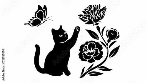 Silhouette of a cat reaching for a butterfly next to a flower arrangement in black and white design | editable eps vectors