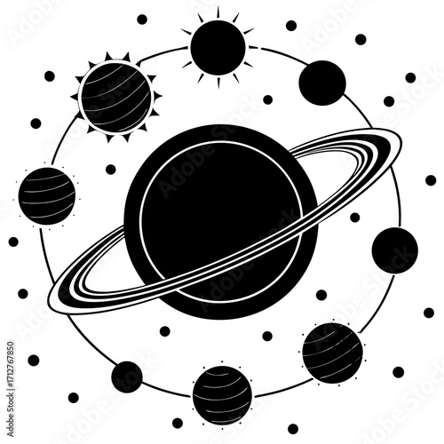 Celestial bodies orbiting central ringed planet solar system
