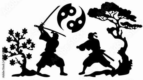 Two silhouetted samurai warriors duel with swords under a yin yang symbol and beside japanese trees | editable eps vectors