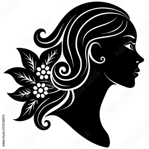 Elegant woman profile silhouette with floral hair ornament