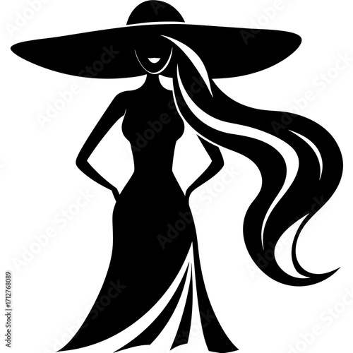 Elegant woman silhouette wide brimmed hat flowing hair