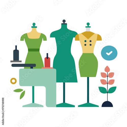 Green teal yellow dresses mannequins sewing machine
