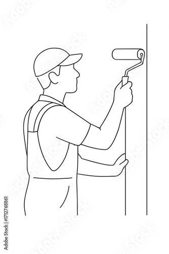 Worker painting office wall with roller in minimalistic style  