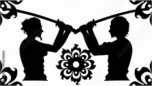 Silhouette illustration of two figures in a sword fight with floral ornaments on a white background design | editable eps vectors