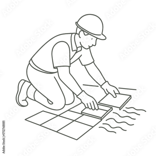 Construction worker laying tiles on wet floor with focus on details  