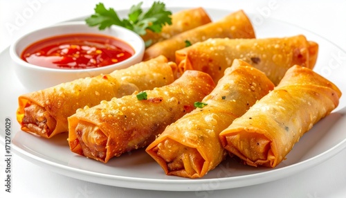 Golden crispy spring rolls on white plate, red sweet chili dipping sauce in bowl, glistening wrappers, speckled seasoning, parsley garnish, appetizing Asian snack, close-up food photography, warm ligh