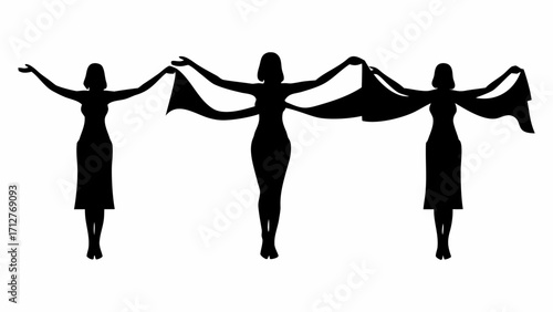 Three silhouettes of women in dresses holding draped fabric with arms outstretched in a graceful pose | editable eps vectors