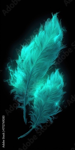 Two vibrant teal feathers, glowing with an ethereal light, are set against a deep black background.