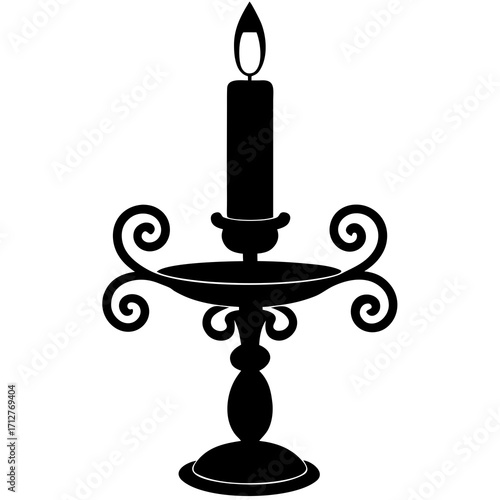 Ornate black candle holder with lit candle vector