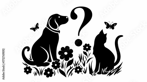 Silhouette of dog and cat with question mark flowers and butterflies in a garden setting design vector | editable eps vectors