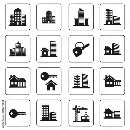 Real Estate and Property Vector Icon Set. Modern Buildings, Houses, Keys, and Construction Symbols for Urban Development, Business, and Architectural Design