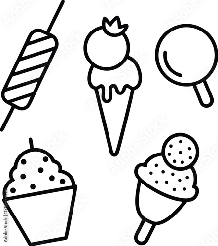 Hand drawn black and white icons of sweets and treats candy ice cream
