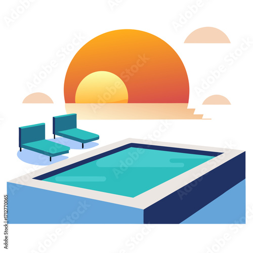 Turquoise pool lounge chairs sunset view infinity pool