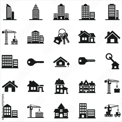 Collection of diverse building and construction icons for real estate and architecture