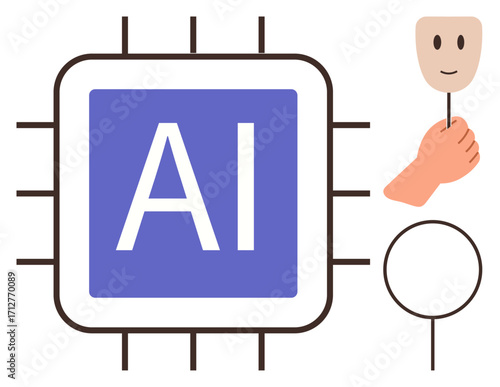 Purple AI chip and a hand holding a happy mask symbolize AI, human interaction, technology ethics, identity, innovation, and automation. Ideal for tech, digital tools, ethics future creativity