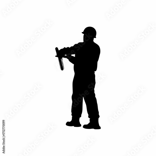 Silhouette of operator adjusting cutting wheel teeth of tunnel machine isolated on white background