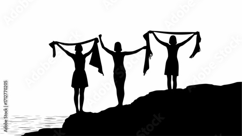 Silhouetted figures with scarves raised on a rocky outcrop against a bright sky and water edge view | editable eps vectors