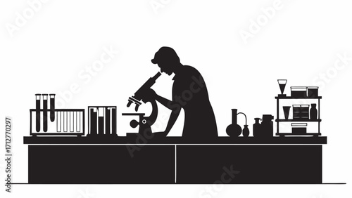 Silhouette of a scientist using a microscope in a lab with test tubes and beakers on a table and shelves | editable eps vectors