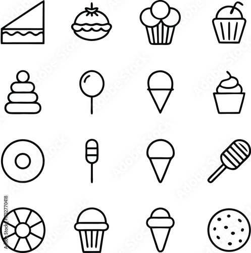 Set of 16 minimalist line icons depicting desserts and treats cake slice cupcake