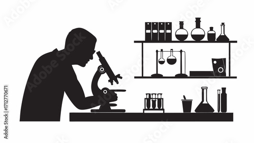 Silhouette of scientist using microscope with laboratory equipment on shelves in background study research | editable eps vectors