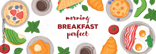 Breakfast, brunch vector illustration. Hand drawn flat food style.  Top view. Menu, package, logo, design template.